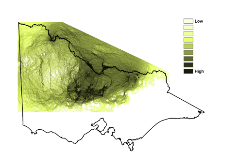 Circuitscape mapping for the brown treecreeper in Victoria. Circuitscape depicts probabilities of connectivity between select nodes of habitat patches.