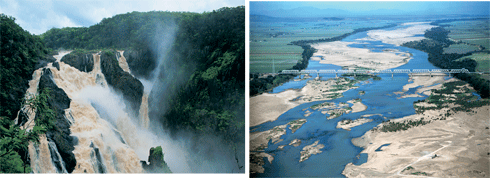 The high variability of Australian river flows is illustrated by these pictures of north Queensland’s Barron (left) and Burdekin rivers in different seasons.