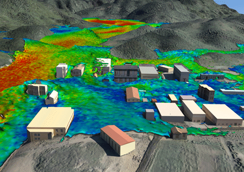 CSIRO’s computational fluid modelling expertise has enabled Chinese authorities to visualise what would happen if one of their largest dams – Geheyan – were to fail, sending 3.12 billion cubic meters of water crashing onto the town below. The colours denote different floodwater velocities.
