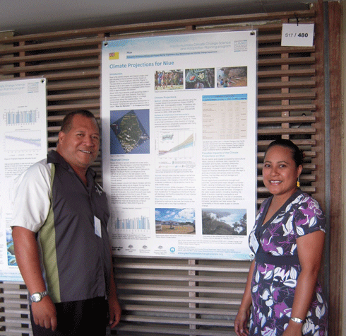 Ms Rossy Mitiepo and Mr Robert Togiamana from the Niue Department of Meteorology and Climate Change, with a poster Ms Mitiepo presented at the 10th International Conference on Southern Hemisphere Meteorology and Oceanography, held earlier this year in Noumea.