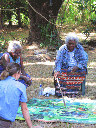 CSIRO’s Emma Woodward (bottom left) talking through the <a href="http://www.csiro.au/en/Organisation-Structure/Divisions/Ecosystem-Sciences/MalakMalak-Plant-Knowledge-Seasons-Calendar.aspx" target="_blank">MalakMalak &amp; Matngala Seasonal calendar</a> with Rita Pirak (left) and Biddy Lindsay.