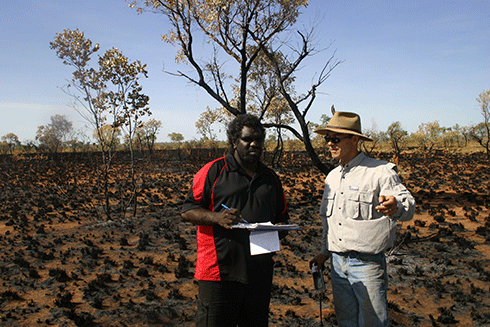 Dylan Gordon, of Wulaign Ranger group, in with Leigh Hunt of CSIRO during research on spinifex fire and greenhouse gas generation in the Northern Tanami Indigenous Protected Area, NT.