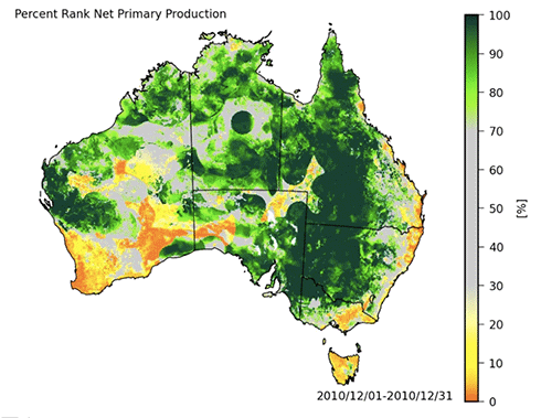 The modelled net carbon uptake of the Australian landscape in December 2010 at the start of the big wet...