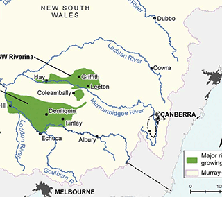 Map showing Riverina rice-growing areas (in green) in NSW.