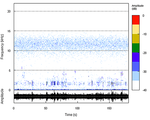 Acoustic profile of the dawn chorus in cleared grazing land dominated by larger bodied birds. The vertical axis represents amplitude and frequency (kHz) while the horizontal axis represents time (s). To play the associated sound file, <a href="/temp/EC14294_Ff_clip3mins.mp3">click here.</a>