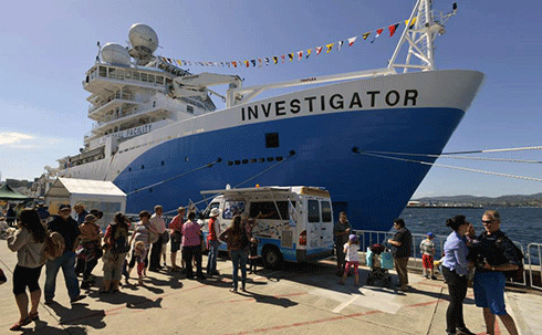 RV Investigator at sea – it has just been commissioned in Hobart.